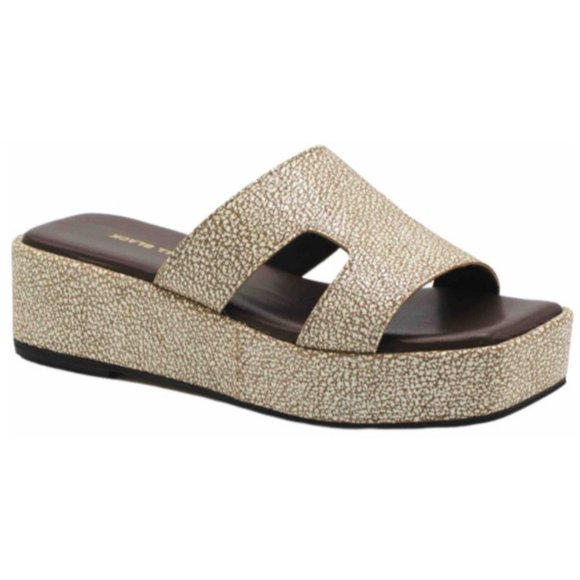 ALL BLACK FOOTWEAR‎ Blunt T Wedge Sandals Silver Brown Leather Womens 40 9-9.5 - Picture 1 of 12